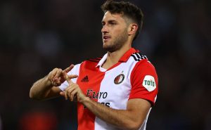 ROTTERDAM, NETHERLANDS – SEPTEMBER 15: Santiago Gimenez of Feyenoord celebrates after scoring their side's fifth goal during the UEFA Europa League group F match between Feyenoord and SK Sturm Graz at Feyenoord Stadium on September 15, 2022 in Rotterdam, Netherlands. (Photo by Dean Mouhtaropoulos/Getty Images)
