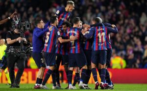 BARCELONA, SPAIN – MARCH 19: Players of FC Barcelona celebrate victory in the LaLiga Santander match between FC Barcelona and Real Madrid CF at Spotify Camp Nou on March 19, 2023 in Barcelona, Spain. (Photo by Angel Martinez/Getty Images)
