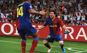 ROME – MAY 27:  Lionel Messi of Barcelona celebrates with his team mate Thierry Henry after Messi scored the second goal for Barcelona during the UEFA Champions League Final match between Barcelona and Manchester United at the Stadio Olimpico on May 27, 2009 in Rome, Italy.  (Photo by Jasper Juinen/Getty Images)
