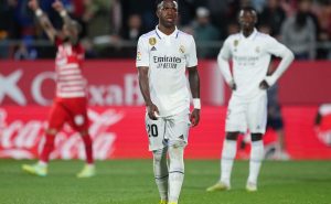 GIRONA, SPAIN – APRIL 25: Vinicius Junior of Real Madrid looks dejected after Valentin Castellanos of Girona FC (not pictured) scores the team's fourth goal during the LaLiga Santander match between Girona FC and Real Madrid CF at Montilivi Stadium on April 25, 2023 in Girona, Spain. (Photo by Alex Caparros/Getty Images)
