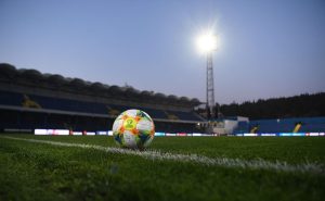 PODGORICA, MONTENEGRO – MARCH 25:  General view inside the stadium as a ball sits on the turf prior to the 2020 UEFA European Championships Group A qualifying match between Montenegro and England at Podgorica City Stadium on March 25, 2019 in Podgorica, Montenegro. (Photo by Michael Regan/Getty Images)
