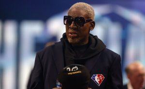 CLEVELAND, OHIO – FEBRUARY 20: Dennis Rodman reacts after being introduced as part of the NBA 75th Anniversary Team during the 2022 NBA All-Star Game at Rocket Mortgage Fieldhouse on February 20, 2022 in Cleveland, Ohio. NOTE TO USER: User expressly acknowledges and agrees that, by downloading and or using this photograph, User is consenting to the terms and conditions of the Getty Images License Agreement. (Photo by Tim Nwachukwu/Getty Images)
