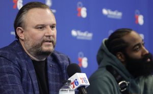 CAMDEN, NEW JERSEY – FEBRUARY 15: President of basketball operations Daryl Morey responds during a press conference at the Seventy Sixers Practice Facility on February 15, 2022 in Camden, New Jersey. (Photo by Tim Nwachukwu/Getty Images) NOTE TO USER: User expressly acknowledges and agrees that, by downloading and or using this photograph, User is consenting to the terms and conditions of the Getty Images License Agreement.
