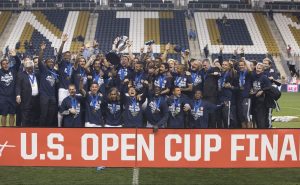 PHILADELPHIA, PA – SEPTEMBER 30:  Sporting Kansas City celebrates with the Lamar Hunt trophy after defeating the Philadelphia Union in penalty kicks on September 30, 2015 at PPL Park in Chester, Pennsylvania.  (Photo by Mitchell Leff/Getty Images)
