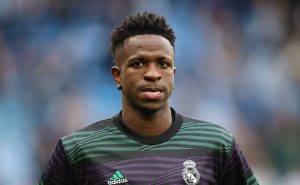 MANCHESTER, ENGLAND – MAY 17: Vinicius Junior of Real Madrid warms up prior to the UEFA Champions League semi-final second leg match between Manchester City FC and Real Madrid at Etihad Stadium on May 17, 2023 in Manchester, England. (Photo by Clive Brunskill/Getty Images)
