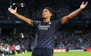 VIGO, SPAIN – AUGUST 25: Jude Bellingham of Real Madrid celebrates after scoring the team's first goal during the LaLiga EA Sports match between Celta Vigo and Real Madrid CF at Estadio Balaidos on August 25, 2023 in Vigo, Spain. (Photo by Juan Manuel Serrano Arce/Getty Images)
