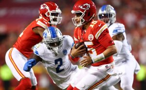 KANSAS CITY, MO – SEPTEMBER 7: Patrick Mahomes #15 of the Kansas City Chiefs carries the ball during the second quarter of an NFL football game against the Detroit Lions at GEHA Field at Arrowhead Stadium on September 7, 2023 in Kansas City, Missouri. (Photo by Kevin Sabitus/Getty Images)
