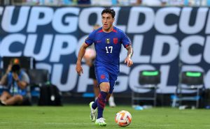 CHARLOTTE, NORTH CAROLINA – JULY 2: Alejandro Zendejas #17 of the United States brings the ball into the attack while playing Trinidad and Tobago in a Group A – 2023 Concacaf Gold Cup match at Bank of America Stadium on July 2, 2023 in Charlotte, North Carolina. (Photo by Andy Mead/USSF/Getty Images for USSF)
