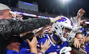 ORCHARD PARK, NY – OCTOBER 26: Dalton Kincaid #86 of the Buffalo Bills celebrates after scoring a touchdown during the second half against the Tampa Bay Buccaneers at Highmark Stadium on October 26, 2023 in Orchard Park, New York. (Photo by Kathryn Riley/Getty Images)
