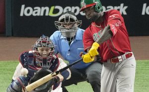 Mexico's Randy Arozarena hits a double during a World Baseball Classic semifinal against Japan on March 20, 2023, in Miami, Florida. (Photo by Kyodo News via Getty Images)
