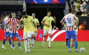 LAS VEGAS, NEVADA – JUNE 28: Lucas Paqueta of Brazil celebrates after scoring the team's fourth goal via penalty during the CONMEBOL Copa America 2024 Group D match between Paraguay and Brazil at Allegiant Stadium on June 28, 2024 in Las Vegas, Nevada. (Photo by Kevork Djansezian/Getty Images)
