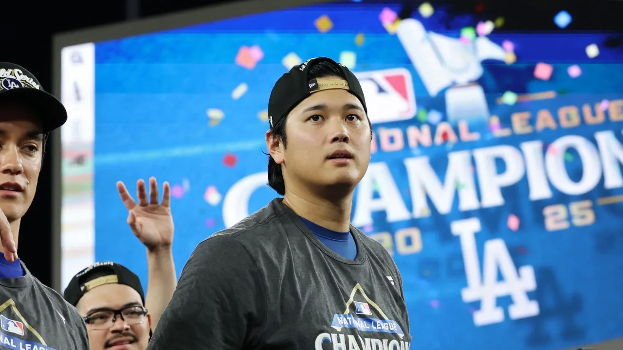 Shohei Otani, jugador de Los Angeles Dodgers, celebrando el título de la Liga Nacional. 