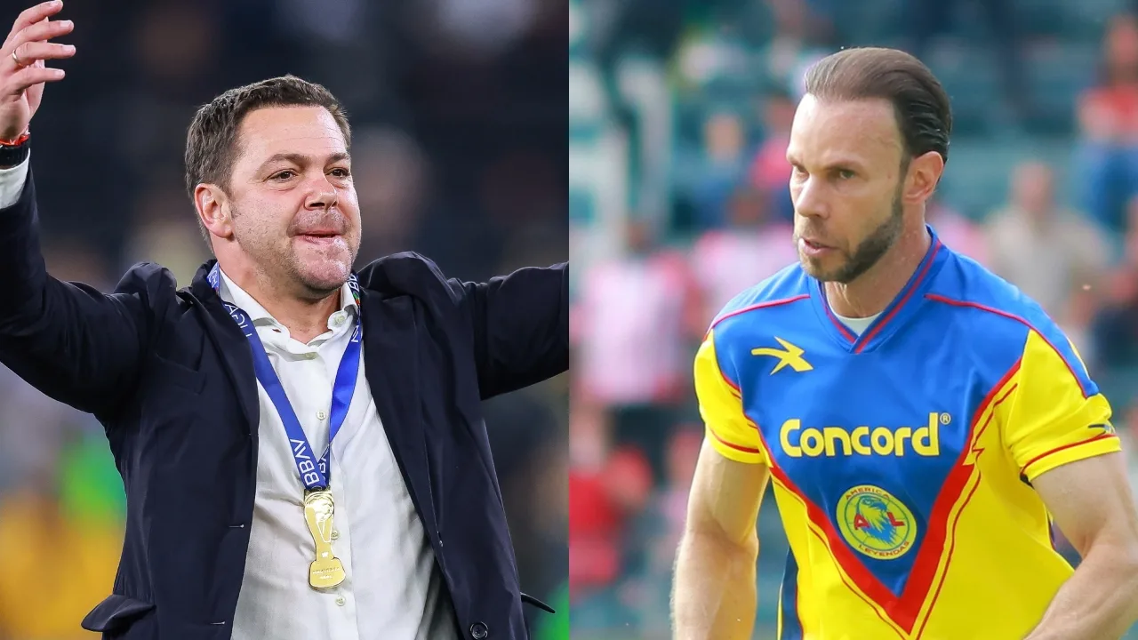 Santiago Baños, Presidente Deportivo del América a la izquierda, y a la derecha Zague, leyenda del América.