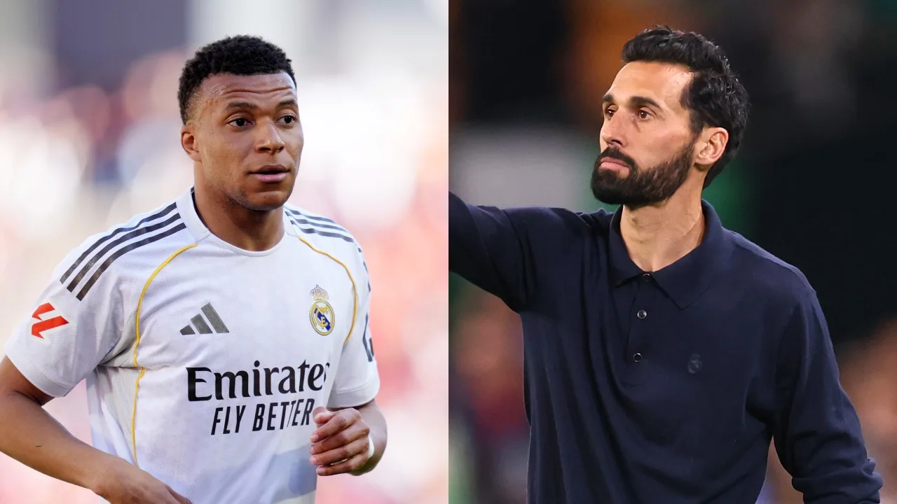 Kylian Mbappé y Álvaro Arbeloa, jugador y DT del Real Madrid. 