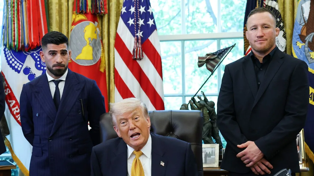 Ilia Topuria, Donald Trump y Justin Gaethje. 
