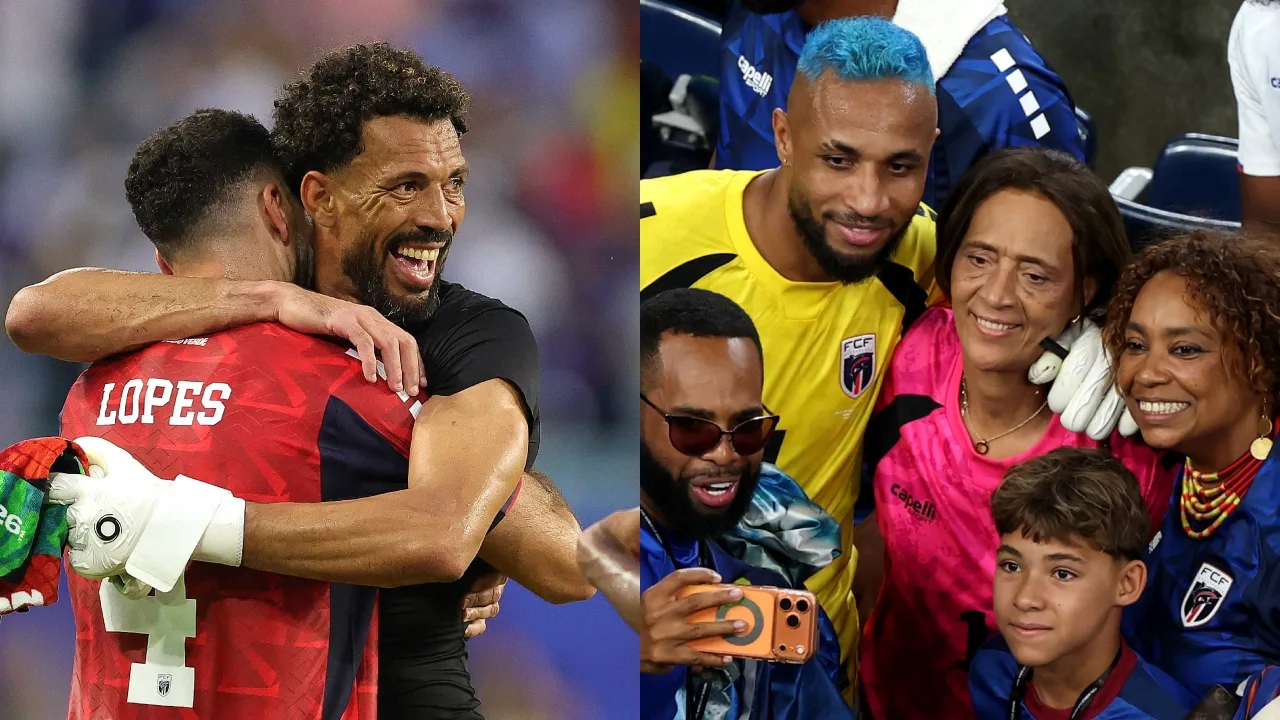 A la izquierda el portero de Cabo Verde, Vozinha, y a la derecha, su madre posando con unos fans de su hijo.